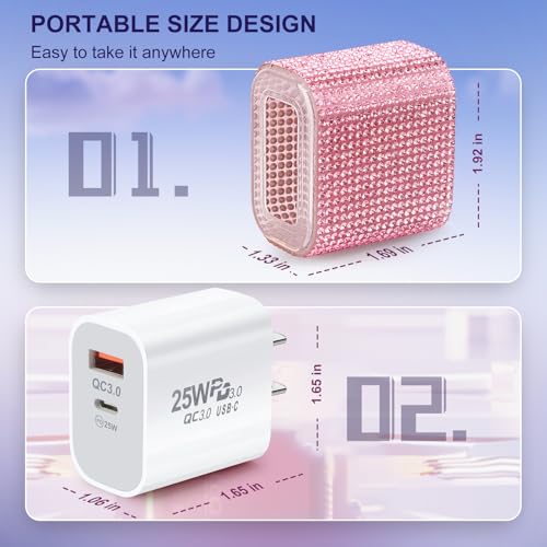 Image of Aolcev for iPhone Charger Fast Charging Bling 2 in 1 USB C Charger Block | Type C Fast Charging Blocks 25W Bling USB A USB C Adapter for iPhone 17 16 15 14 13 iPad Galaxy S26 S25 Rhinestones Pink