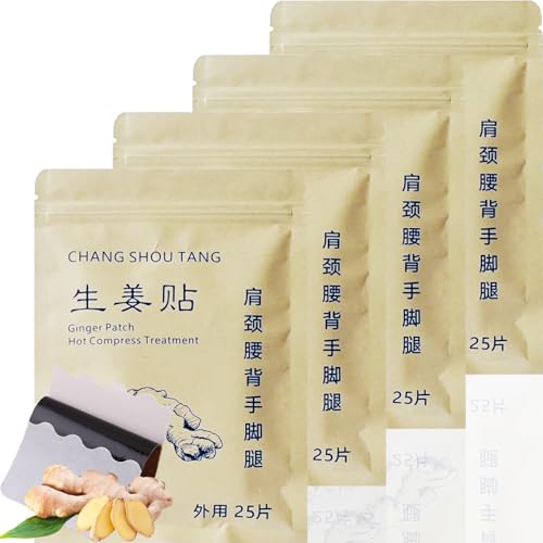 Chang Shou Tang 100pcs Ginger Patches Self-Heating Foot Pad Hot Compress Warm Paster for Shoulder, Neck, Hand, Back, Feet, Knee, 12 * 8cm, Natural Therapies, Ideal for Construction Worker，Elderly