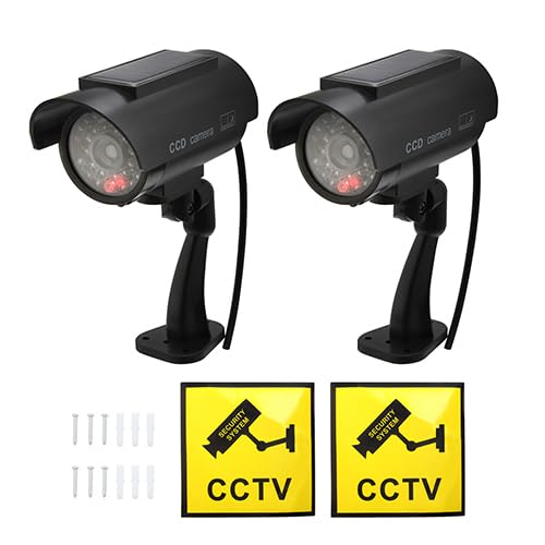 Twilight Garage Dummy Camera, 2 Pack Solar Powered Bullet Simulated CCTV Fake Security Cameras with Flashing Red LED Light & Warning Security Alert Sticker, Indoor Outdoor Use(Black)