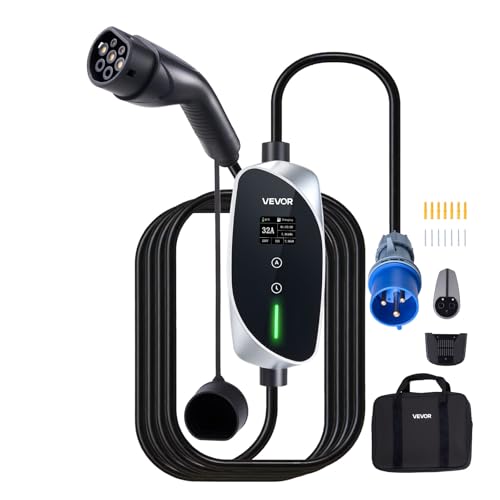VEVOR Cargador para Vehículo Eléctrico Tipo 2 Monofásico 7,4 kW 32 A, Cargador de Pared EV con Cable de 6 m, Punto de Carga con Enchufe CEE32, Pantalla LCD, Estación de Carga y Caja de Control IP66