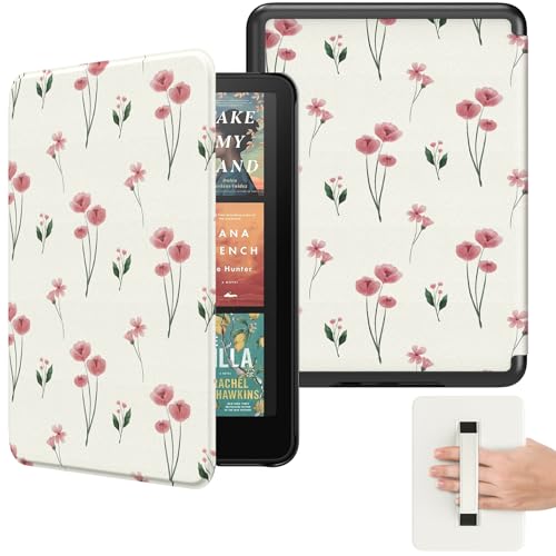 MoKo Case for 7" Kindle Paperwhite(12th Gen 2024) and Kindle Colorsoft Signature Edition 2024, Lightweight Shell Cover with Hand Strap Auto Wake/Sleep for kindle Paperwhite 2024, Pink Little Flowers