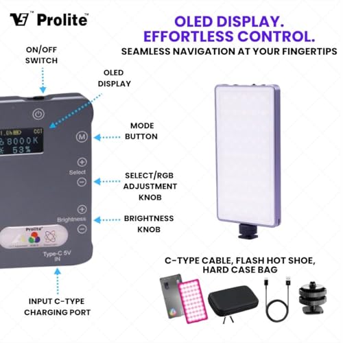 Image of Prolite RGB Pocket LED 12W Video Light with Built-in 4000mAh Rechargeable Battery, Type-C Charging Cable, OLED Display, 21 Light Effect, Hard Carry Case | 96 CRI, 360 Brightness & Color Control