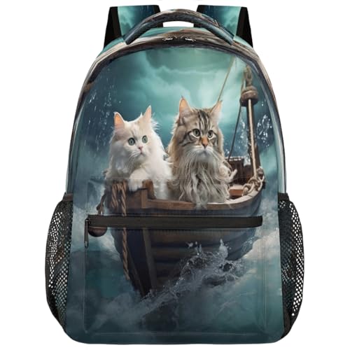 Funny Cats Wooden Boat Kids Backpack, Lightweight School Bookbag Large Capacity Laptop Backpack Water Resistant Daypack Shoulder Bag for Teenager Boys Girls