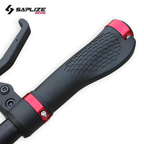 SAPLIZE Bike Handlebar Grips, Ergonomic Design, PR11 (Black, Red Rings, with Aluminium End Caps)