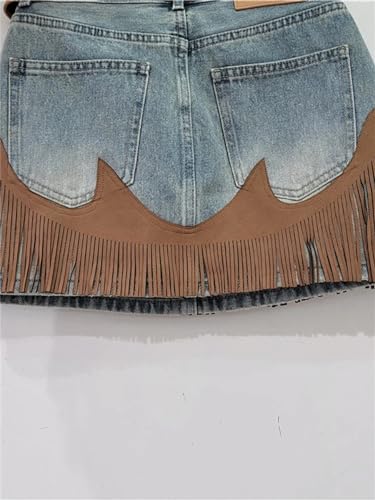 Hndudnff Women's with Pocket Denim Mini Skirt Spliced Contrast Color Irregular Tassel A-Line Skirt4
