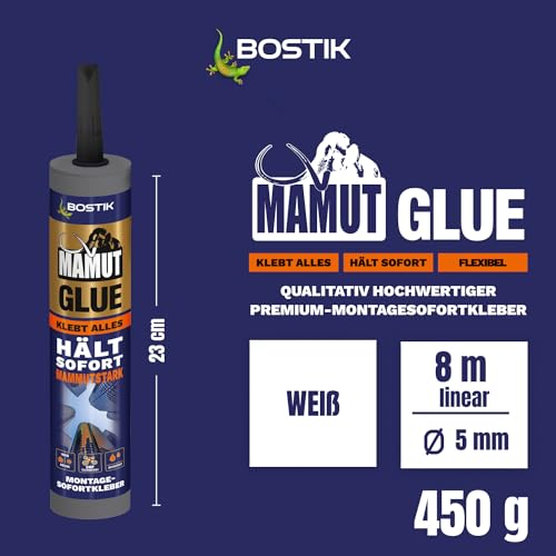 BOSTIK MAMUT GLUE Weiß - Hybrid-Universalklebstoff, Flexibler Montage-Sofortkleber auf Alle Materialien, Für Innen und Außen sowie unter Wasser und unter Extremsten Witterungsbedingungen, 450g