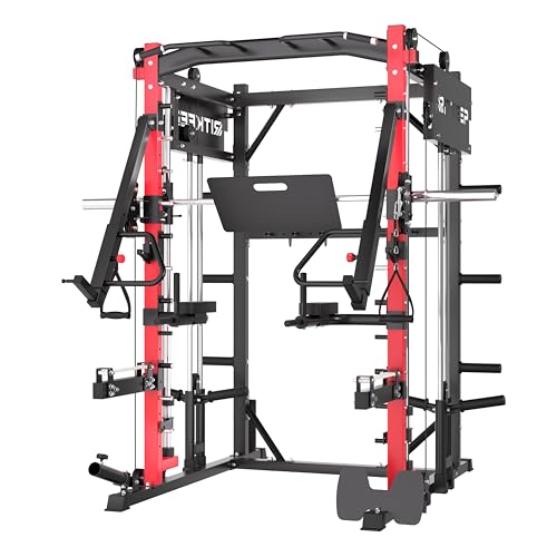 Smith Machine with Jammer Arms & Leg Press Board , RitKeep PMAX-4750 All-in-One Smith Machine with Adjustable Weight Bench and Adjustable Pulley System (1:1 & 2:1) for Full Body Strength Training