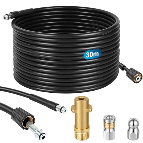 NUTKIT Manguera Limpieza Tuberías 30M 180 Bar,con Boquilla Fija y Boquilla Giratoria,Kit Limpiezas de Tubería,Compatible con Manguera de Limpieza de Tubería de Las Serie Kärcher K2,K3,K4,K5,K6 K7
