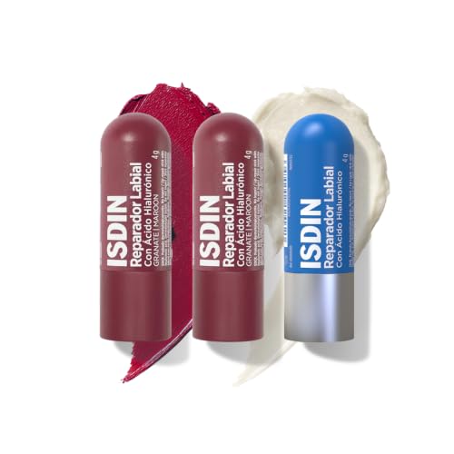 ISDIN Reparador Labial TRIO Bálsamo (1 unidad) + Borgoña (2 unidades), Stick labial con ácido hialurónico, Protege los labios secos o agrietados y Ayuda a Reducir la Sensación de Sequedad