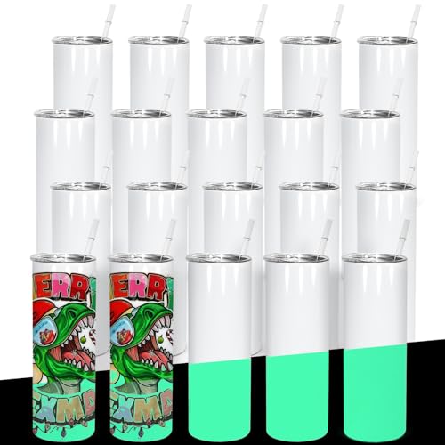 CHLJAR 25Pack Sublimation Tumblers, 20 oz Glow in the Dark Skinny Luminous Stainless Steel Straight Blank Double Wall Insulated Straight Cups for Heat Transfer, Green