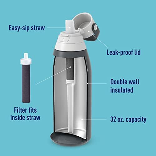BRITA Insulated Filtered Water Bottle with Straw, Reusable, Stainless Steel Metal, Carbon, 32 Ounce