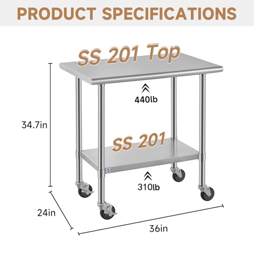 Image of ROCKPOINT All Stainless Steel Prep Table with Caster 24x36 Inch, Commercial Heavy Duty Workbench with Stainless Legs & Adjustable Undershelf, 750 lb Capacity for Outdoor Kitchens with Wheel