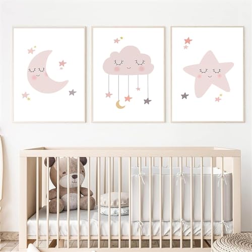 Image of ZYRQART Nordic Moon Star Cloud Wall Art Poster Pink Girls Bedroom Print poster Baby Nursery Cartoon Moon Star Canvas wall art Modern Canvas Kids Room Decor No Frame(12X16 Inch Unframed)