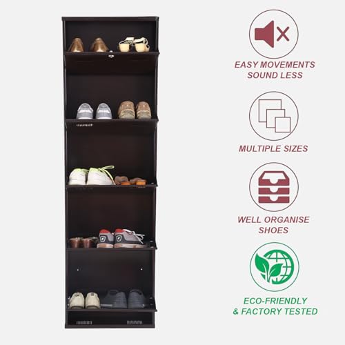 Image of Metal Shoe Rack Wall Mounted for Home with Central Locking | 5 Door 20 inch Wall Mounted Metal 10 Pair Shoe Rack Cabinet | Pre-Assembled Rack Shelves | 3 Year Warranty (Brown)