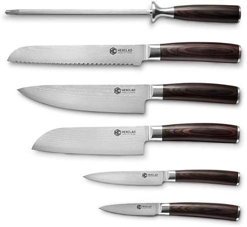 HexClad 6-Piece Espresso Damascus Knife Set, 67-Layer Japanese Da...