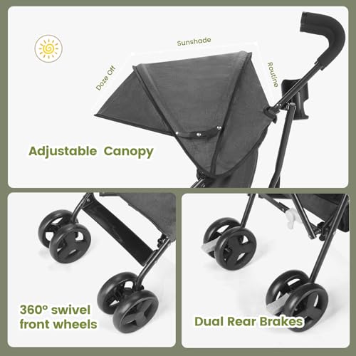Image of One-Handed Folding Lightweight Stroller, Large Storage Basket, Canopy, Cup Holder, Compact Umbrella Stroller Durable Frame, 3-36M Travel Stroller for Airplane Ultra Overhead Friendly (Gray)