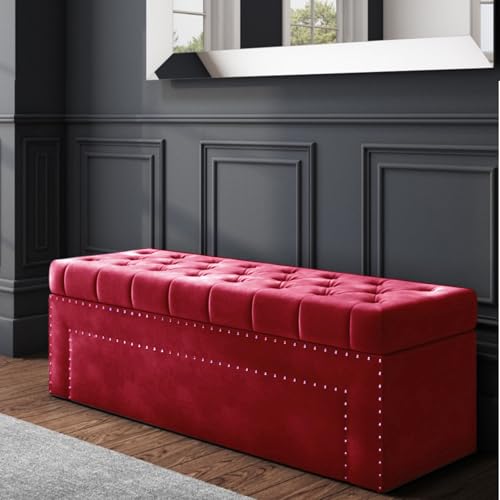 Duke Chesterfield Ottoman storage Box - Plush Velvet Storage Ottoman with Decorative Tacks- Ottoman Shoe Bench with Storage - Upholstered Coffee Table- End of bed Storage Bench, Blanket Box