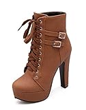 Schuhweite: Normal Minetom Damen Worker Boots Einfarbige Schnürsenkel Hohe Absätzen Stiefeletten mit Schnalle Blockabsatz Schuhe Outdoor Stiefel Braun EU 38