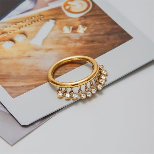 Round CZ Tassel Dangle Drop Stacking Rings for Women Stainless Steel 14k Gold/Silver Plated Danity Sparkling Crystal Finger Band Statment Ring Comfort Fit Fashion Wedding Holiday Jewelry Size 72
