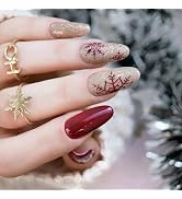 Christmas Snowflake Press on Nails Wine Red Laser Fake Nails Medium Long Full Cover Glue on Nails...