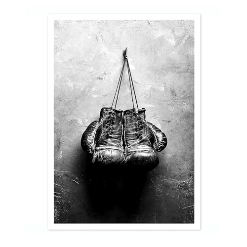 Image of Boxing Gloves Poster Black & White Vintage Photography Print Minimalist Modern Interior Decoration, Archival Matte, A4 (Print Only) - 29.7x21cm