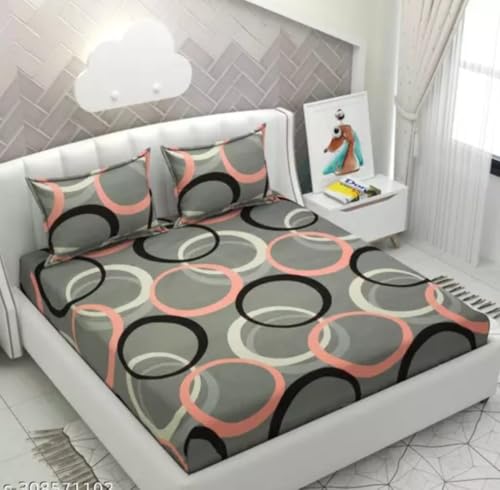 Image of New Town Cotton Feel Glace Cotton Elastic Fitted Printed Queen Size Double Bed Bedsheet with Matchig 2 Pillow Covers Fits Upto 8 Inches Mattress Size Safari 1100