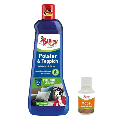 Poliboy, detergente per tappeti e tappezzeria, delicato detergente per tessuti per la rimozione delle macchie, per moquette, shampoo e lana, 1 x 500 ml, con campione di prodotto, prodotto in Germania