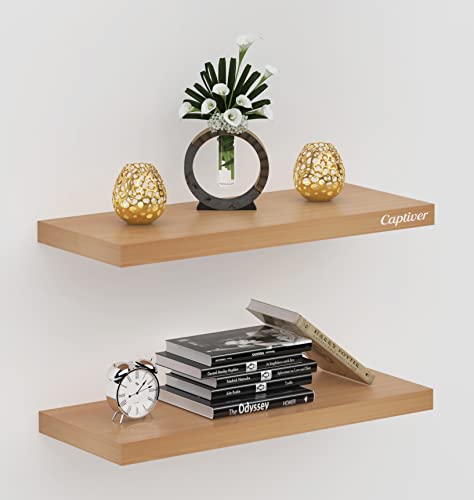 Image of Captiver Wooden Wall Mounted Display Shelf 2 Tier (12x30 CM,) Living Room Kitchen Storage Bedroom Showpiece Racks Study Designer Organiser (Beech)