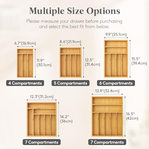 Lifewit Silverware Drawer Organizer, Utensil Tray for Kitchen, Flatware and Cutlery Holder, Storage for Spoons Forks Knives, 6.7 x 12\", Natural - Thumbnail 2