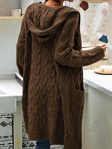 Image of Women Hooded Open Front Cardigan Cable Knit Chunky Long Sweater Coats | solid color, cable knit ,long duster cardigan,chunky coatigan,winter ,falll ,side pockets