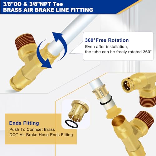 Daptemn 3/8" DOT Air Brake Fittings Tee, 3PCS Brass Push to Connect Fittings 3/8" Tube OD × 3/8" NPT × 3/8" Tube OD Tee Union to Male Pipe Swivel for Truck Trailers Air Brake System by Daptemn - Image 4