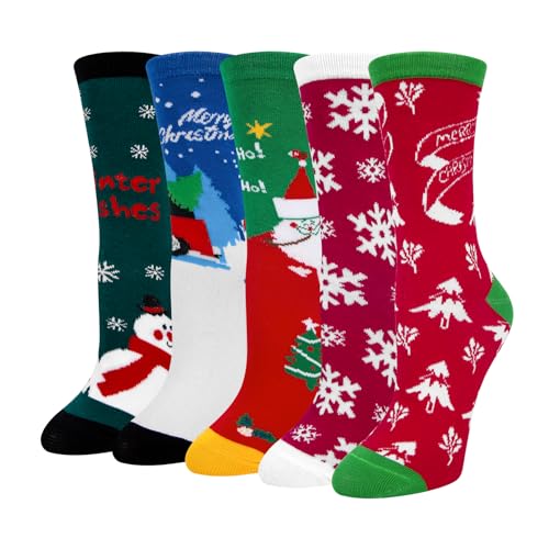 5 Paires de Chaussettes en Coton Femmes - Motifs de Bonhomme de Neige,Père Noël et renne - Thermiques D'hiver Confortables - Cadeaux de Dames - Taille Unique - Noël 2