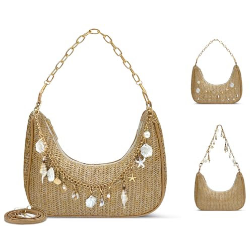 GZIXBDA Beach Purse Straw Shoulder Bag for Women, Summer Purse with Shell Pearl Bag Charms & 2Pcs Detachable Strap Chain