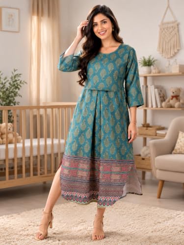 Image of RITIJYA Zipless Feeding Kurta Dress for Women | Maternity Nursing Kurti, No-Zip Easy Access | Extra Pleats Pre to Post Pregnancy | Quick-Dry Fabric | S-4XL