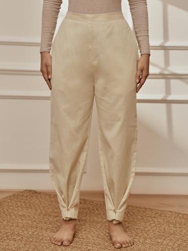 Image of VASTRAMAY Women's Cotton Linen Straight Yoga Pants with Adjustable Buttons