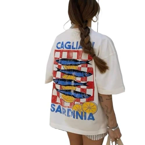 Cute Strawberry Beach Shirts Oversized Graphic Tees Women Short Sleeve Y2k Summer Tops 2000s Aesthetic Preppy Clothes (Fish Blue,Large)