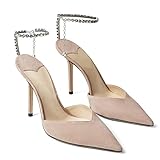 LauraVicci Women's Heeled Sandals Crystal Chain Ankle Straps Rhinestones Buckle High Heels Stiletto Slip On Wedding Party Satin Dress Shoes Size 11 Beige