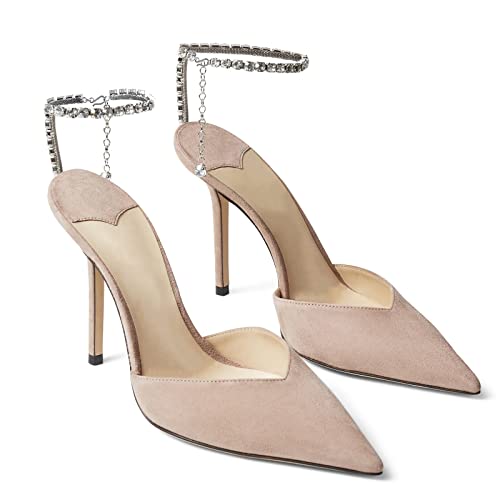Image of LauraVicci Women's Heeled Sandals Crystal Chain Ankle Straps Rhinestones Buckle High Heels Stiletto Slip On Wedding Party Satin Dress Shoes