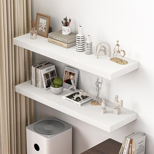 Image of Dreamland 48 inch Floating Shelves for Wall, 12 inch Deep Thicker White Floating Shelves, Wall-Mounted Shelves for Bedroom, Living Room, Kitchen, Bathroom - Set of 2