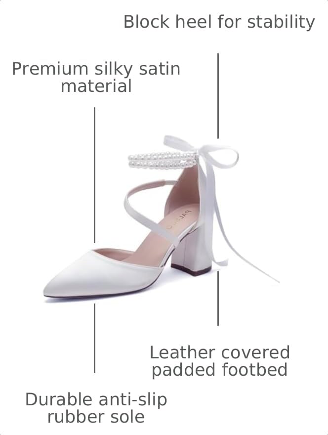 Image of Block Heel Wedding Shoes for Bride Closed Toe Pearl Bridal Shoes Wedding Chunky Heels