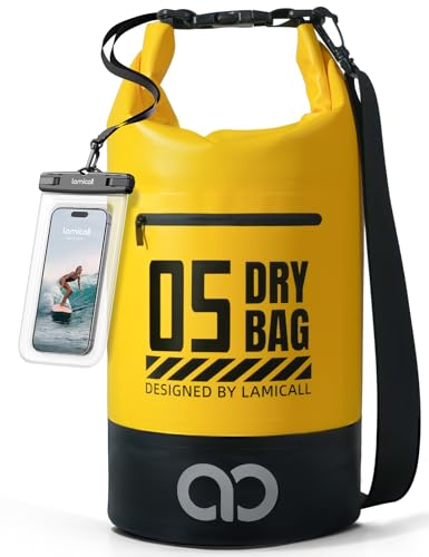 Lamicall Dry Bag, Waterproof Bag - [Robust & Anti-Scratch] 5L/10L/20L/30L/40L Waterproof Backpack with 100% Water Proof Phone Pouch, Floatable Drybag for Boat Swimming Kayaking Camping - Yellow(5L)