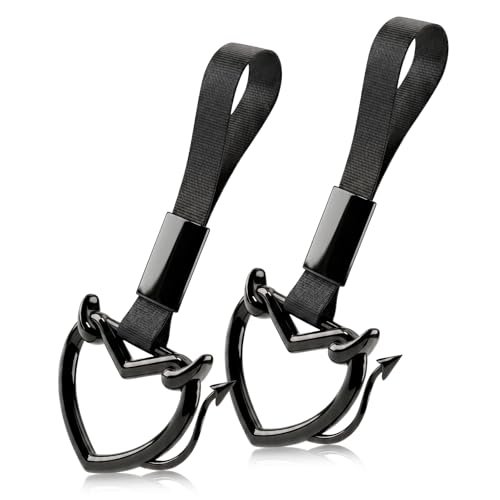 Image of 2 Pcs Devil Heart Shaped Car Handle Strap - JD M Drift Charm Rear Bumper Warning Ring Decor for Car Interior Exterior, Subway Bus Handle Accessory, Cute Heart Car Decor Gift (Black-Tail)