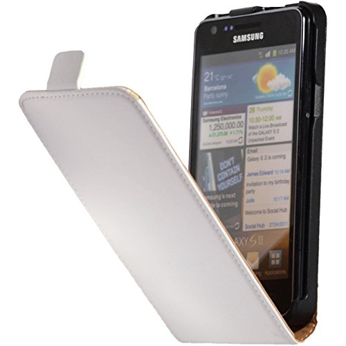 PhoneNatic Kunst-Lederhülle kompatibel mit Samsung Galaxy S2 - Flip-Hülle weiß + 2 Schutzfolien