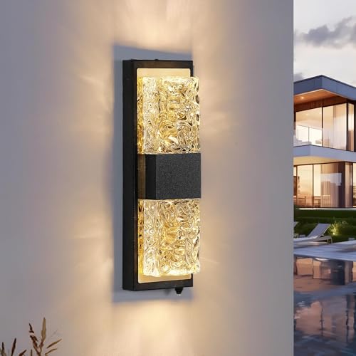 Image of 14.2 inch Dusk to Dawn Outdoor Wall Light, Black and Gold, 1-Pack | IP65 Waterproof, Crystal Modern Design, Exterior Wall Sconce, Ideal for Porch, Patio, Hallway, Backyard