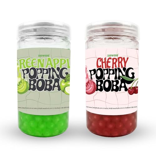 Image of ZAWAA 2 Popping Boba (Each 300gm) Total 600gm (Fruit Flavours), 2 Stainless Steel Straws (12mm), 1 Cleaning Brush, 1 Boba Scoop (Green Apple + Cherry)