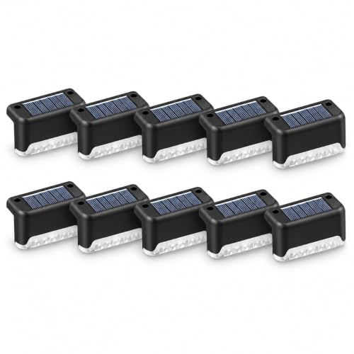 Image of Solar-Powered Deck Lights Outdoor, Waterproof LED Step and Stair Lights with Wide-Angle Illumination, Rechargeable Lighting for Fence, Railing, Patio and Garden (Pack of 10)