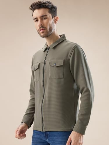Image of Status Quo Men's Solid Textured Regular Fit Shacket with Zipper Clouser | 100% Polyester
