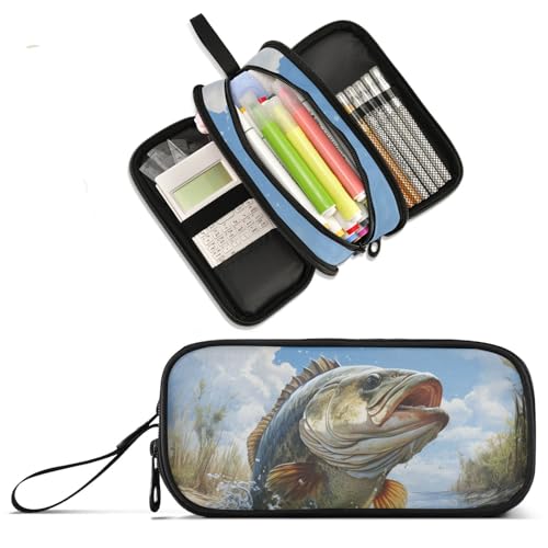 Image of Bass Fish Large Capacity Pencil Case Pencil Pouch Pen Box | 3 Compartment Large Storage Pencil Bag for Adults School Office Teen Girl Boy Men Women