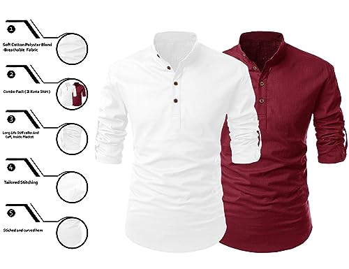 Image of FINIVO FASHION Combo of Men's Cotton Blend Solid Regular Fit Full Sleeve Straight Short Kurta Shirt, Casual and Formal Wear