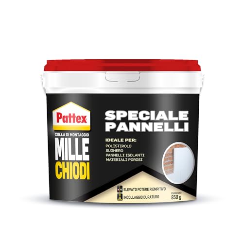 PATTEX Millechiodi Speciale Pannelli, Adesivo Bianco di Montaggio Multiuso, Colla Acrilica per Applicazioni in Interni, Colla per Legno, Polistirolo e Pannelli, 1x850g